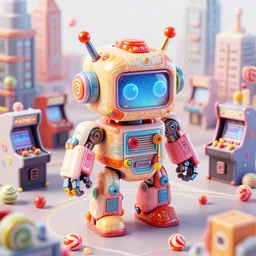 cute elaborate epic robot made from candy and pinball machine parts in a crowded city made of arcade machines and buildings made of candy, symmetrical, bubbles everywhere, video game consoles, colored wires, translucent, clear parts, detailed by pokedstudio, rendered in blender, 3 d models