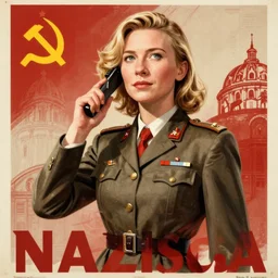 soviet propaganda poster with cate blanchett calling on the world community to fight against Nazism, Ultra Detailed, soviet realism