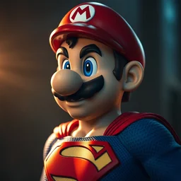 photo body portrait of super mario! as superman in man of steel!, movie still, cinematic lighting, ray tracing, octane render, long lens, shallow depth of field, bokeh, anamorphic lens flare, 8 k, hyper detailed, 3 5 mm film grain