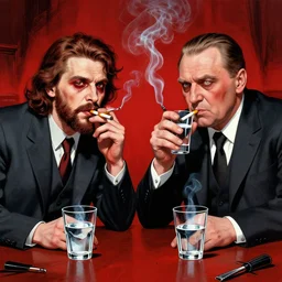 stalin and yeltsin in hell drink vodka and smoke cigarettes, scary art in color