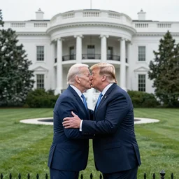 Joe Biden and Trump kissing in front of the white house