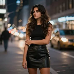 pensive brunette in a short leather skirt, New York at night, Photography, Bokeh, Shutter Speed 1/1000, Megapixel