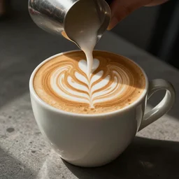 mucha mocha latte barrista creamer art drawing on the top of the cappucinno froth