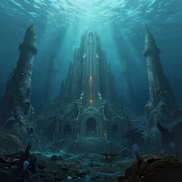 Landscape of a lost empire in the deep sea, in the style of greg rutkowski