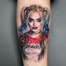 creative double exposure effect tattoo design sketch of margot robbie as harley quinn faded with beautiful mountain scenery, realism tattoo, in the style of matteo pasqualin, amazing detail, sharp