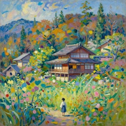 tiny character in front of a beautiful japanese inaka landscape, amazing ryokan, lofi vibe, vivide colors, amazing light, really beautiful nature, oil painting, impressionist style, by jeremy lipkin, by claude monet, by ghibli, kandinsky touches, multiple brush strokes, masterpiece