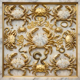 symmetry, intracate marble bas relief sculpture, gold wire inlay, thousands of crabs crabs crabs crabs crabs crabs, spiders, snakes, highly detailed, octane, 8 k, hdr, hr geiger, ridley scott, alphonse mucha, trending on artstation