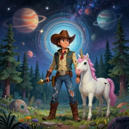 psychedelic, trippy, broken cowboy, unicorn, pine forest, planets, milky way, cartoon by rob gonsalves