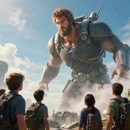 giant man looking at people from the sky, high definition movie, photorealistic detail, futuristic production, adventure movie, 8 k