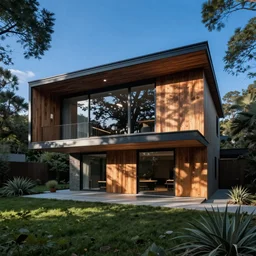 architecture ad for a mid-century modern house in the middle of the wood designed by bjarke Ingels. grain, cinematic, colorized, blue hue