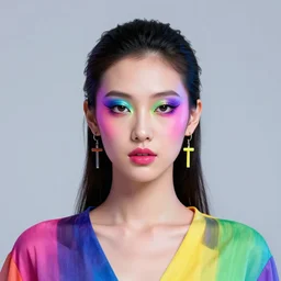 full frontal portrait of a post modern hybrid fashion model with an exuberant makeup, metaverse style, colorful, photo realistic, octane render, vray, detailed, halftoned, editorial illustration, matte print, grainy light, ( ( dither ) ), risograph, high contrast, screen print, grainy texture