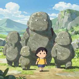 A family of stone golems going for a walk, anime, 4k,