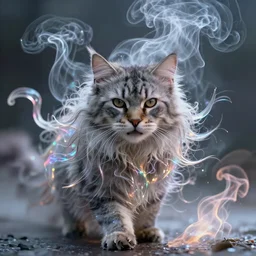 Focus on large cat with long fury tendrils , Background wispy, curly, luminescent smoke, Translucidluminescence, Reflective, Refractive, Shimmer, Shimmering, Furry, Plasma, Inferno