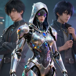 highly detailed award winning artwork of a futuristic cybernetic assassin, intricate iridescent armor, unreal engine hd raytracing, colorful gems, fantasy portrait by greg rutkowski and wlop and makoto shinkai