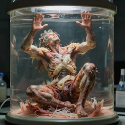 human stuck in tissue culture vessel desperately trying to escape, realistic