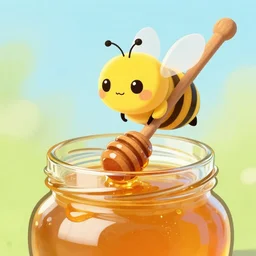 cute bee flying out of a jar of honey with a wooden honey dipper in it, concept art, illustrated, highly detailed, high quality, bright colors, optimistic,