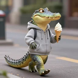 furry art of female alligator walking down the street holding an icecream cone, digital art, artstation, 4K, detailed, detailed fur, wearing grey hoodie, zootopia, detailed face, anthromorphic,