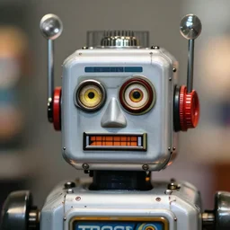 zoomed out profile face portrait of a high quality presentation photo of a retro toy robot, nicoletta ceccoli, mark ryden, lostfish, hyung tae, frank frazetta, photography 4 k, f 1. 8 anamorphic, bokeh, 4 k, canon, nikon