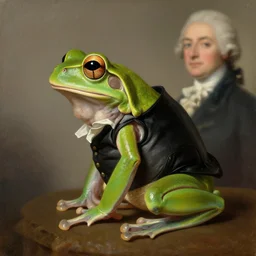 a side profile portrait painting of an anthropomorphic amazon tree frog with a black waistcoat, an american romanticism painting by john trumbull, a portrait painting, cgsociety, soft focus