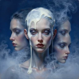 3 d, close - up, liquid white oil, evil fashion model, light fog, smoke, poster art, high detail, intricate oil painting, multiple exposure, deep blue color palette, hyperrealism, 3 d, by tooth wu and wlop and beeple and greg rutkowski