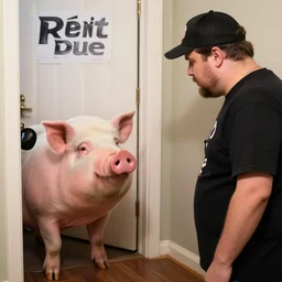 a fat gamer looks like a pig. it's owner is looking at it from the door. the owner is a pimp. rent is due.