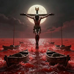 anti - christ rising from a red ocean with boats. ominous. vivid color detailed photograph from a 2 0 2 0 s blockbuster vfx horror movie.