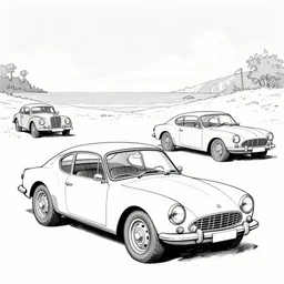 vintage cars on a beach, cartoon by moebius, monochrome
