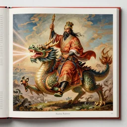 Kublai Khan riding a dragon which is firing lasers, Academy piece by Delacroix, neoclassical style, highly detailed, raffiné, chef d'oeuvre, modern art exhibition catalog