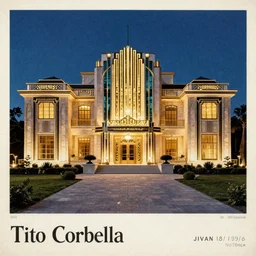 1920s art deco by Tito Corbella, a massive mansion lights up the night by James Gatsby, vintage postcard, the Phantom Menace 1999 by Ivan Aivazovsky