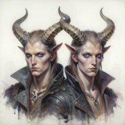 a painting of two men with horns on their heads, an airbrush painting by rene auberjonois, cg society, antipodeans, seapunk, androgynous, official art