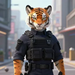 beautiful furry art portrait commission of a male furry anthro tiger and wolf fursona wearing a tactical swat uniform in the streets of a cyberpunk city at night in the snow. neon signs. character design by charlie bowater, ross tran, artgerm, and makoto shinkai, detailed, inked, western comic book art