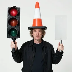 mark e smith wearing a traffic cone on his head and holding a traffic light in his hand, photograph