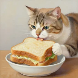 a painting of a cat eating a big sandwich from a bowl. Cat eating sandwich. Cat has food mouth.