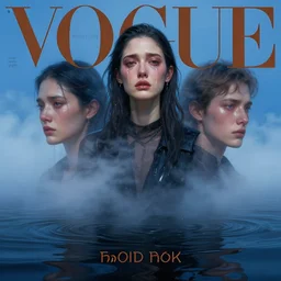3 d, crying fashion model, deep blue fog, liquid black water, morning, vogue cover style, poster art, high detail, intricate oil painting, multiple exposure, heaven mood, hyperrealism, 3 d, by tooth wu and wlop and beeple and greg rutkowski