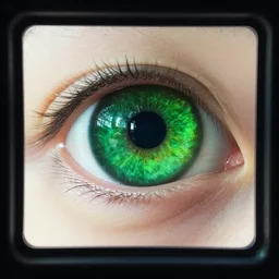 out a window we see the big hole in our eyes and the shining colors of the dark green eyes,