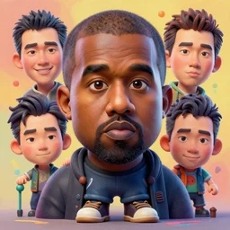 cuddly colourful caricature - 3 d vfx art - of kanye, art style by zdzisaw beksinski, tadanori yoko & hsiao - ron cheng, character concept art, unreal engine render, digital illustration, sharp, intricate detail, volumetric light, ray tracing, soft light, claymation style, symmetric, acrylic on canvas, pinterest, artstation, beh