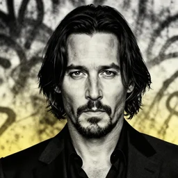 highly detailed closeup portrait of cool keanu reeves, wavy hair, jhonny depp, black suit by atey ghailan, by greg rutkowski, by greg tocchini, by james gilleard, by joe fenton, by kaethe butcher, gradient yellow, black and white color scheme, grunge aesthetic!!! ( ( graffiti tag wall background ) )