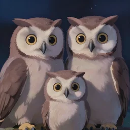 a close up portrait of a family of owlets. the owls have really detailed, fluffy feathers and glowing eyes, night time with pastel colours, 3 d painting by hayao miyazaki, wesanderson and jeffrey smart, art station