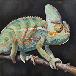chameleon. decal by award - winning mangaka, intricate details, heavily stylized, muted palette, oil painting