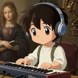 cute anime boy with big eyes plays beats on roland sp 4 0 4, in style of sandro botticelli, 4 k, high resolution details,