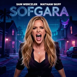 a horror movie poster, staring Sofía Vergara screaming, neighborhood themed, synthwave, cyberwave, by Sam Werczler and Matthew Skiff