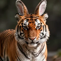 a tiger with bunny ears for a chin the tiger's chin is made of bunny ears, photo realistic, hyper realistic, volumetric lighting, high particle effects