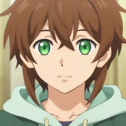 close up character portrait of an anime character with brown hair and green eyes wearing a hoody, digital art