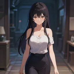 upper - body illustration of highly detailed beautiful anime girl by davinci walking through an uncanny interior at night, depth of field, pretty and stunning face and eyes, 8 k, pixiv, danbooru, gelbooru