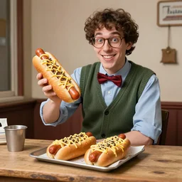 a nerd selling hot dogs