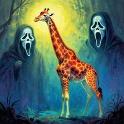 a ghostly haunting giraffe, sunken recessed indented spots, Ghostface, Scream, vibrant color, by Giger and Jeffrey Smith and Emek Golan