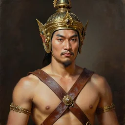 smart tai warlord of lanna, closeup portrait, without beard and mustache, historical hero, ethnic group, tai costume, thai transitional bronze headdress, intricate, with leather armor cross on bare chest, elegant, loin cloth, highly detailed, oil painting, artstation, concept art, matte, sharp focus, illustration, hearthstone, art by earl norem