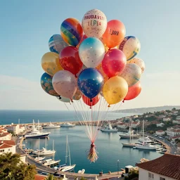 photo of a lot of birthday balloons floating above a beautiful maritime port. sharp focus, highly - detailed, award - winning, epic cinematic