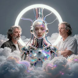 photographic portrait of a person made of fluffy iridescent clouds by anne geddes and robin eley and jusepe de ribera and brom, futurepunk, cybernetic components!!, electrical wiring!, ring light highly detailed digital art masterpiece, pearlescent
