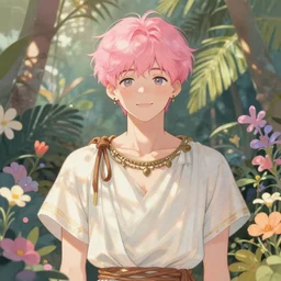 androgynous cute pink haired yoongi wearing greek clothes, muted colors, colorful flowers, tropical, sunlight filtering through skin, j. c leyendecker, by alan lee, wlop! illustrated by starember, fantasy art by craig mullins cfg _ scale 8